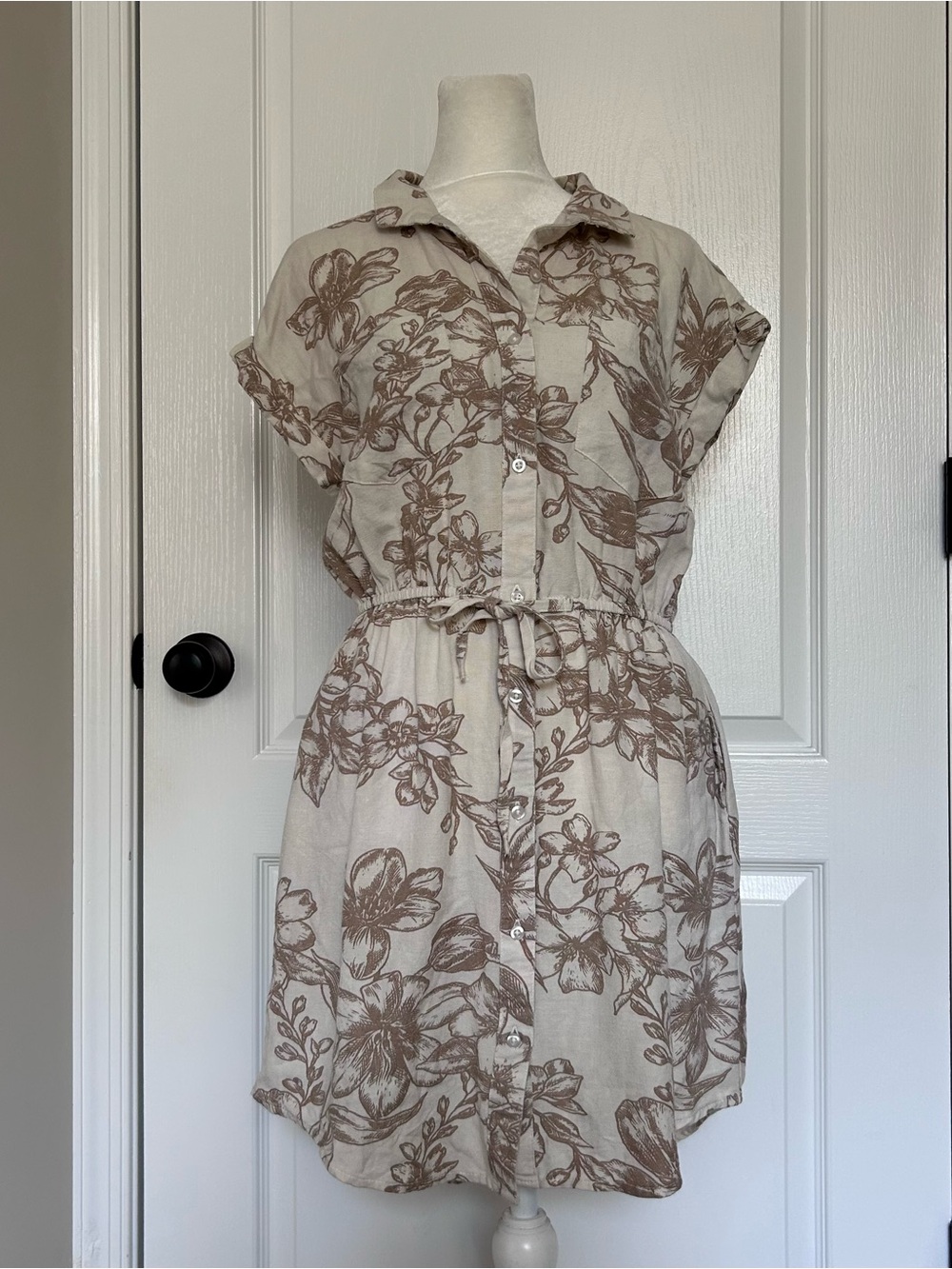 Japna Boho Chic Floral Shirt Dress Neutral Tan Cream Button Down Medium
